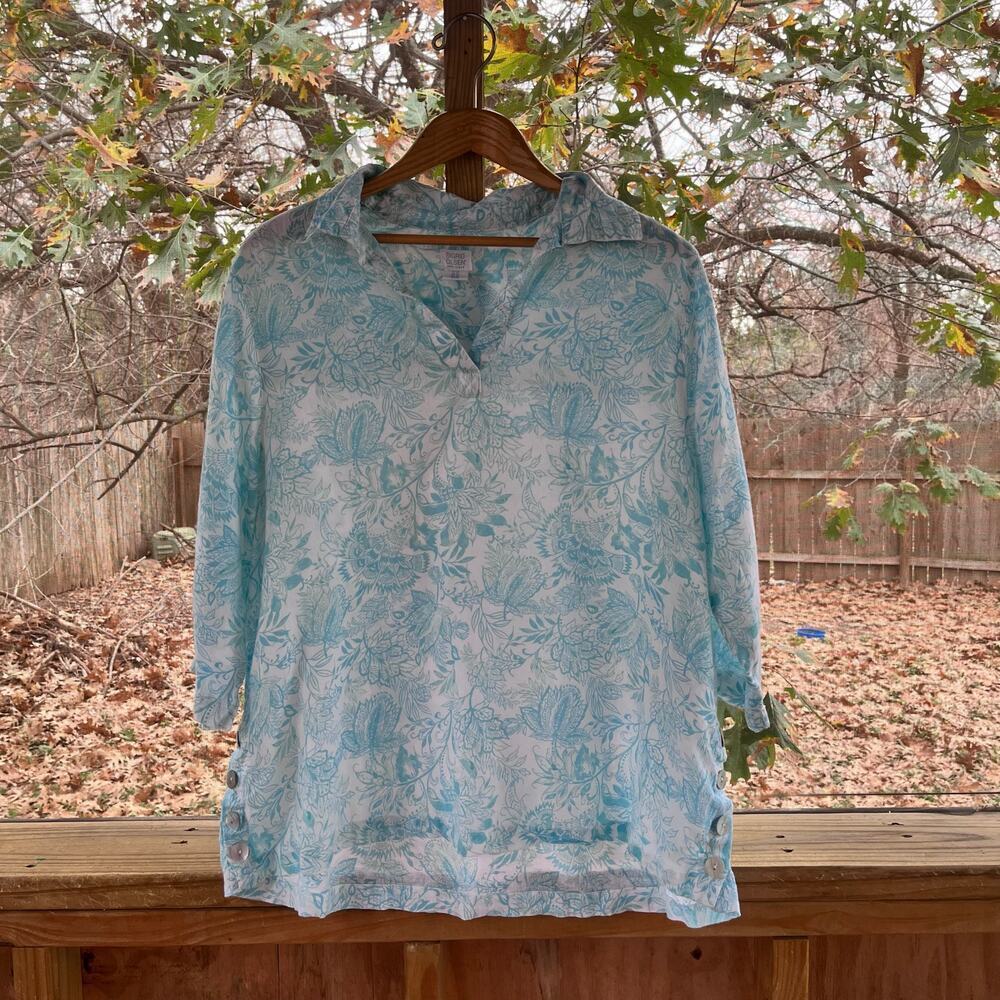 Sigrid Olsen Women's 100% Linen Blue & White Printed Top Size 1X